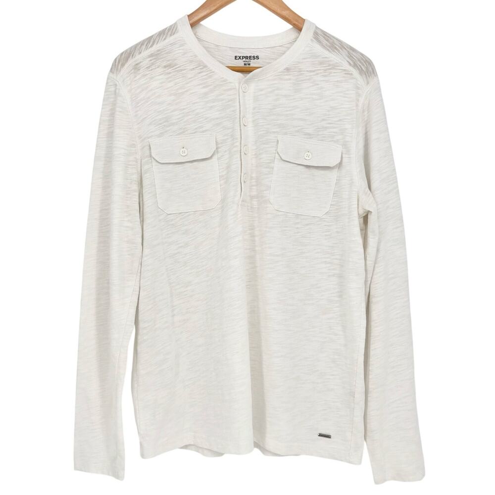 Express Men's White Henley Slub Long Sleeve Shirt Size M
